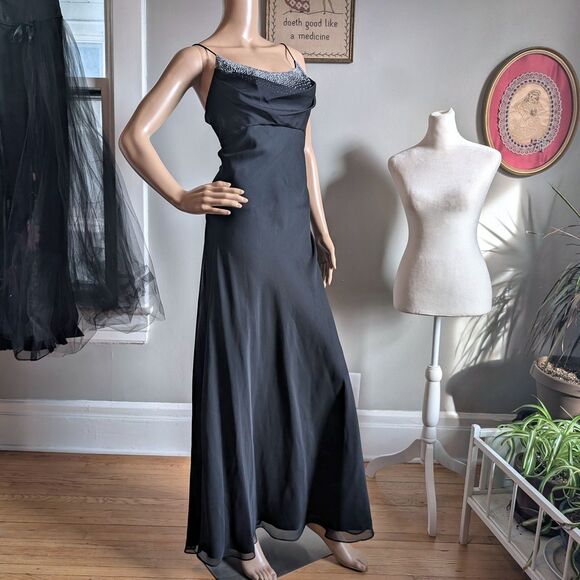 Vintage 90s Cache Prom Gown Beaded Black Cowl Siren Whimsygoth Formal Size 9 - Picture 13 of 14